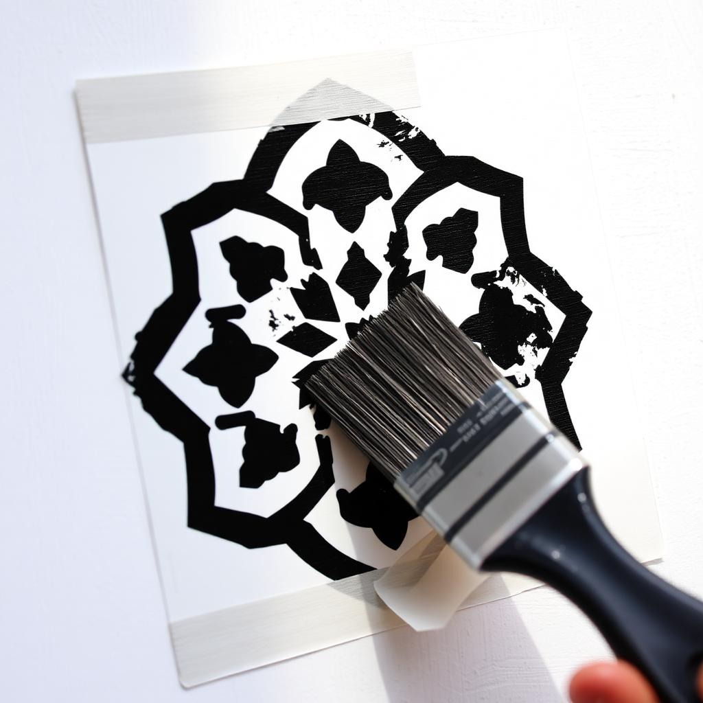 Stencil brush dabbing a Moroccan geometric pattern onto a white wall