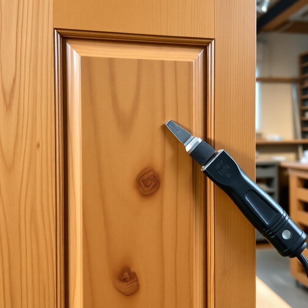 Cabinet door painted with a realistic faux wood grain finish