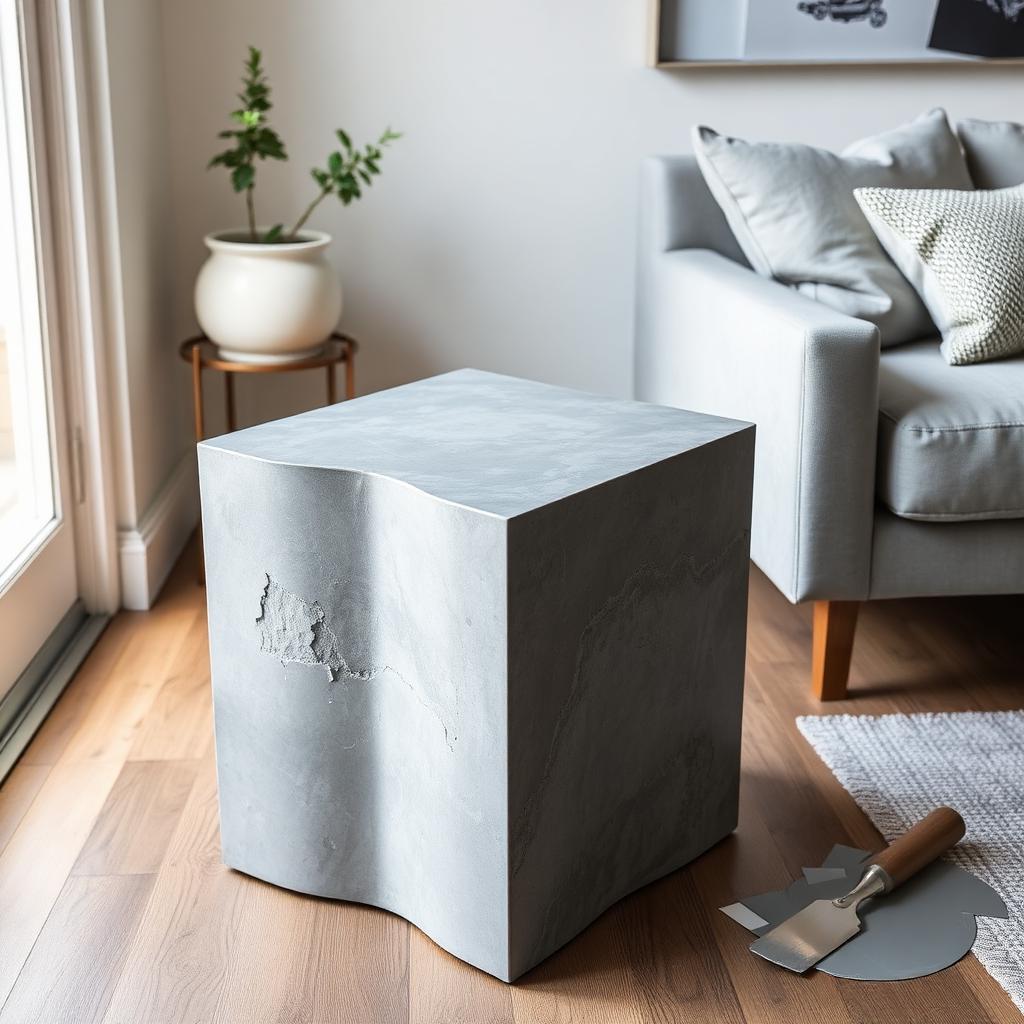 Modern side table with a faux concrete finish in variegated grays