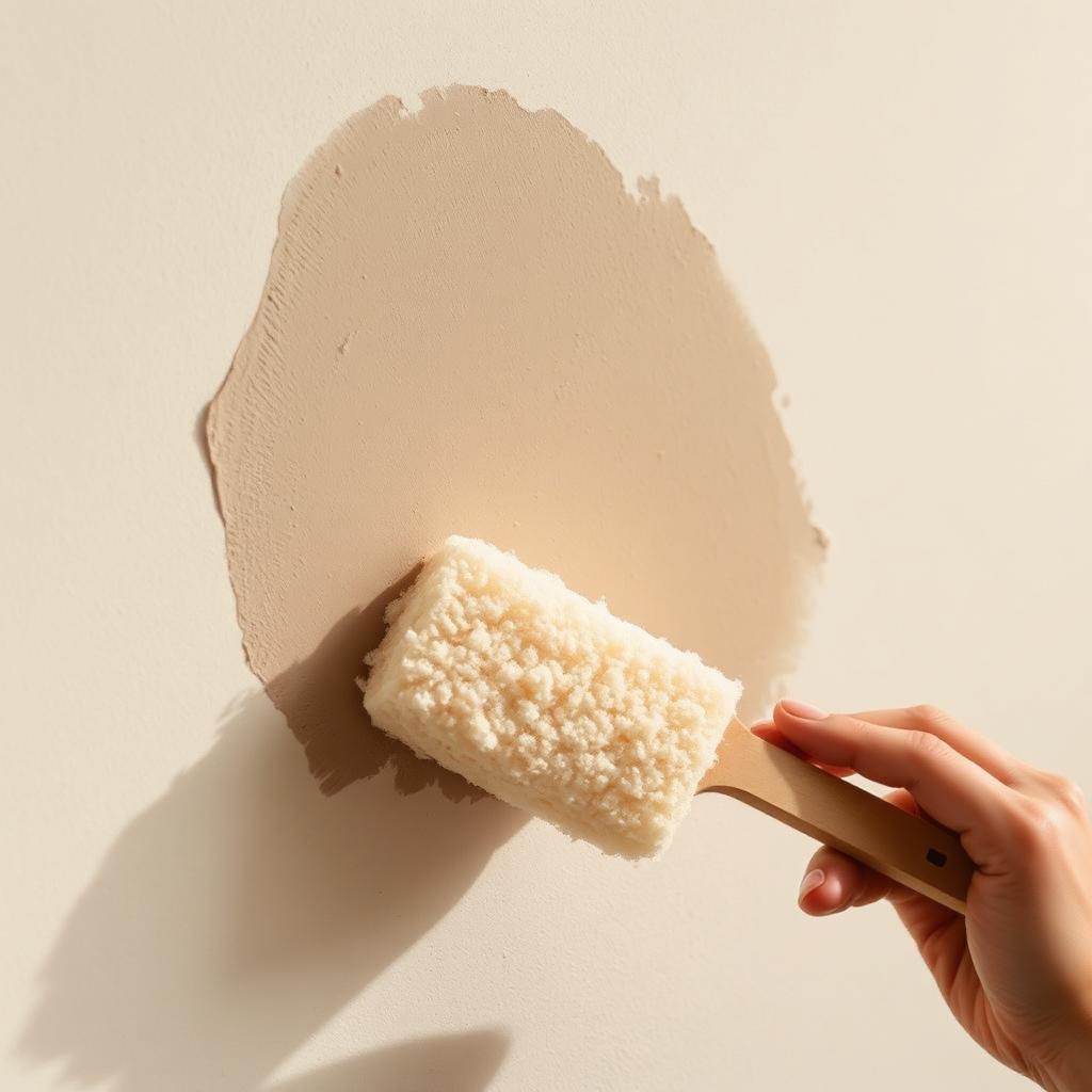 Sea sponge applying dappled taupe paint over cream wall
