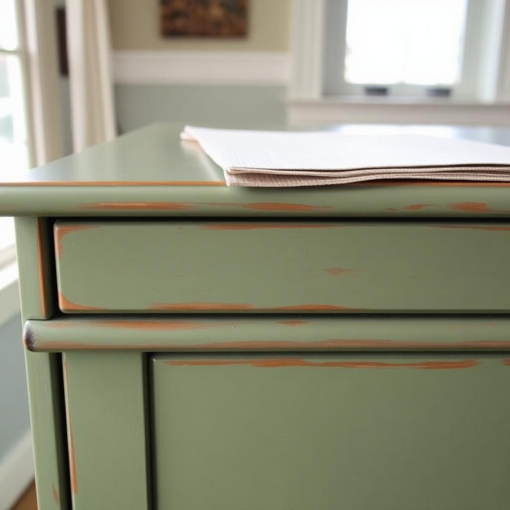 Sage green dresser with lightly distressed edges showing warm wood underneath