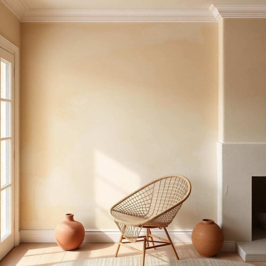 Warm cream limewashed accent wall with soft tonal variation