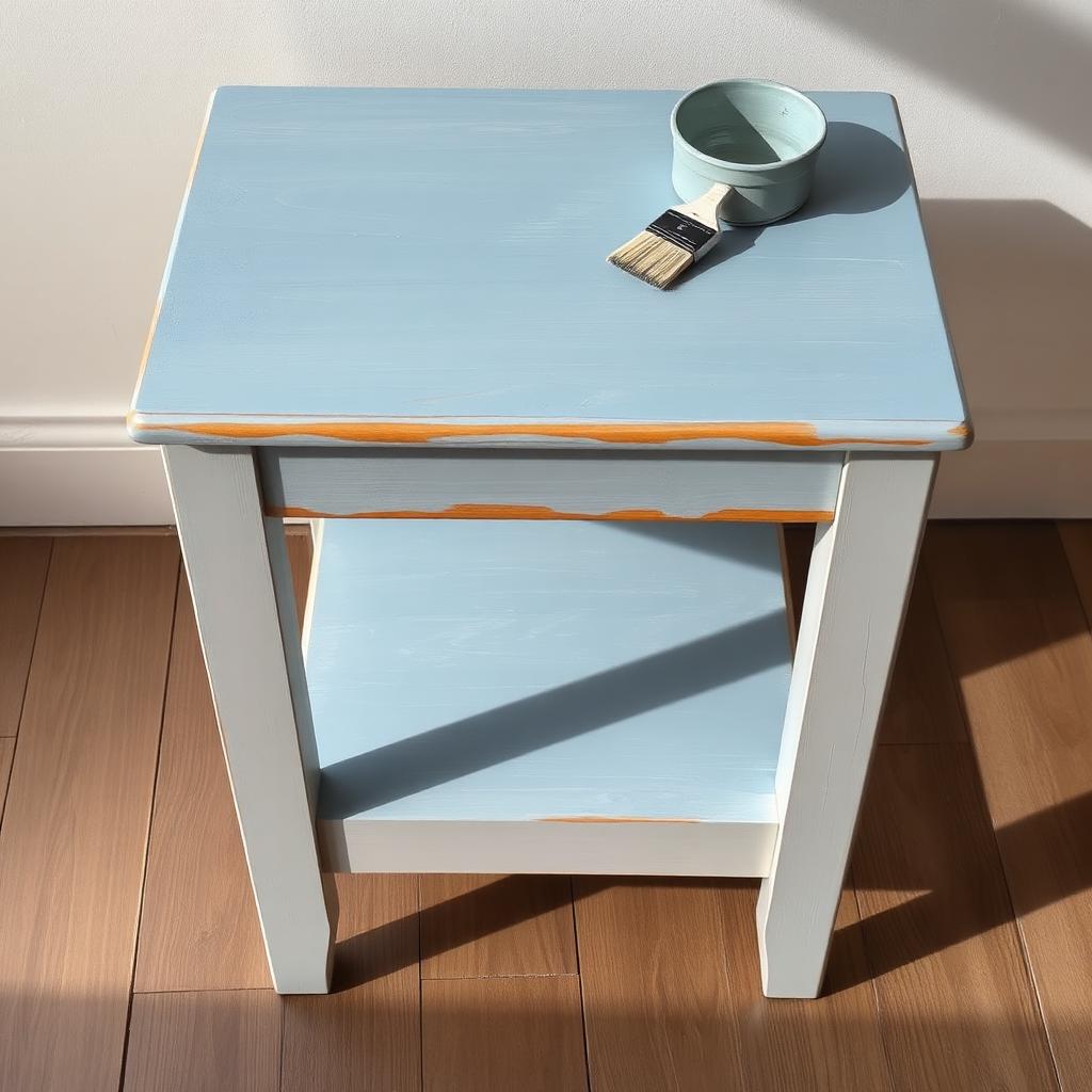 Wooden side table with a soft muted blue color wash over cream base
