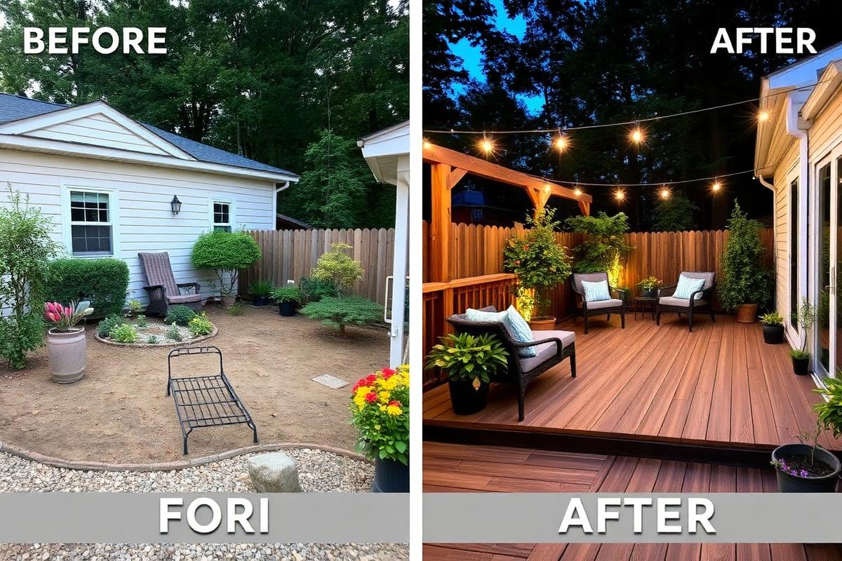 Bare yard → cozy lit deck